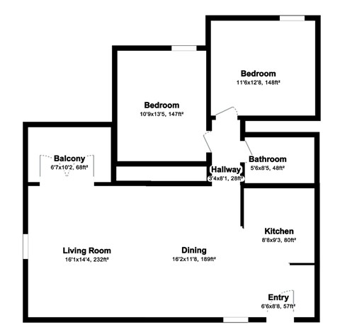 Floor plan for 2 beds, 1 bath, 836 sqft